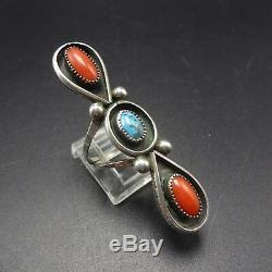 LONG Elegant Vintage Old Pawn NAVAJO Sterling Silver TURQUOISE CORAL RING size 7