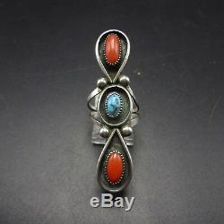 LONG Elegant Vintage Old Pawn NAVAJO Sterling Silver TURQUOISE CORAL RING size 7