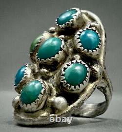 LONG Vintage Navajo Native American Sterling Silver Turquoise Cluster Ring OLD