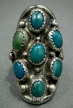 LONG Vintage Navajo Native American Sterling Silver Turquoise Cluster Ring OLD