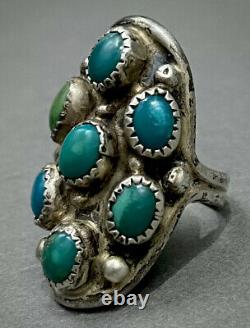 LONG Vintage Navajo Native American Sterling Silver Turquoise Cluster Ring OLD