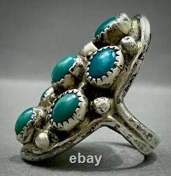 LONG Vintage Navajo Native American Sterling Silver Turquoise Cluster Ring OLD