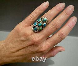 LONG Vintage Navajo Native American Sterling Silver Turquoise Cluster Ring OLD