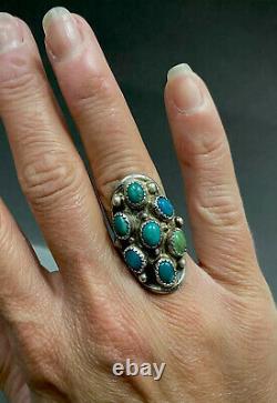 LONG Vintage Navajo Native American Sterling Silver Turquoise Cluster Ring OLD