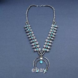 LOVELY Vintage NAVAJO Sterling Silver Turquoise BOX BOW SQUASH BLOSSOM Necklace