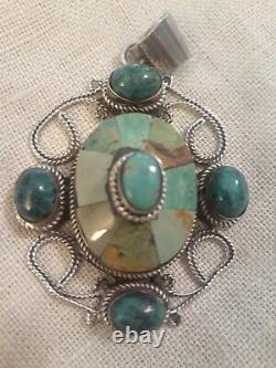 Large 2.88 Vintage Turquoise Pendant Navajo Southwest Sterling Silver 35.68 gr