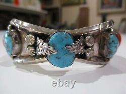 Large Sterling Silver Turquoise Cuff Bracelet Navajo Indian Vintage 925 Coral