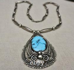 Large Vintage Native American Navajo Sterling Silver Turquoise Necklace