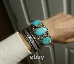 Large Vintage Native American Navajo Turquoise Sterling Silver Cuff Bracelet