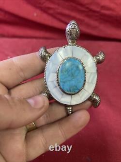 Large Vintage Navajo Handmade Sterling Silver & Turquoise Stone TURTLE Pendant