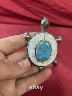 Large Vintage Navajo Handmade Sterling Silver & Turquoise Stone TURTLE Pendant