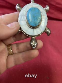 Large Vintage Navajo Handmade Sterling Silver & Turquoise Stone TURTLE Pendant