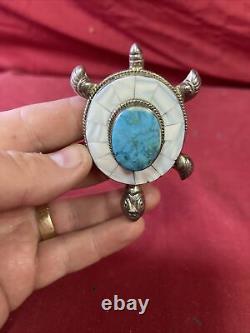 Large Vintage Navajo Handmade Sterling Silver & Turquoise Stone TURTLE Pendant