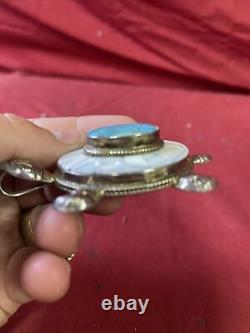 Large Vintage Navajo Handmade Sterling Silver & Turquoise Stone TURTLE Pendant