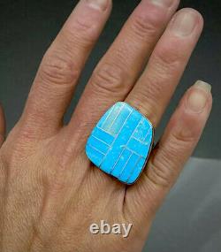 Large Vintage Navajo Native American Sterling Silver Turquoise Inlay Ring