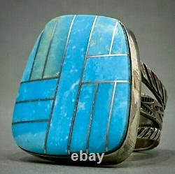 Large Vintage Navajo Native American Sterling Silver Turquoise Inlay Ring