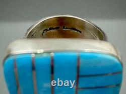 Large Vintage Navajo Native American Sterling Silver Turquoise Inlay Ring