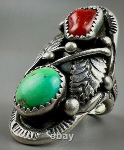 Large Vintage Navajo Sterling Silver Green Turquoise & Coral Saddle Ring