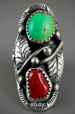 Large Vintage Navajo Sterling Silver Green Turquoise & Coral Saddle Ring