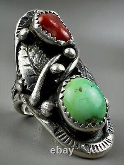 Large Vintage Navajo Sterling Silver Green Turquoise & Coral Saddle Ring