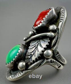 Large Vintage Navajo Sterling Silver Green Turquoise & Coral Saddle Ring