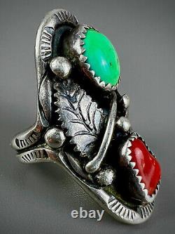 Large Vintage Navajo Sterling Silver Green Turquoise & Coral Saddle Ring