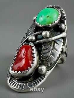 Large Vintage Navajo Sterling Silver Green Turquoise & Coral Saddle Ring