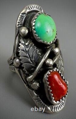 Large Vintage Navajo Sterling Silver Green Turquoise & Coral Saddle Ring