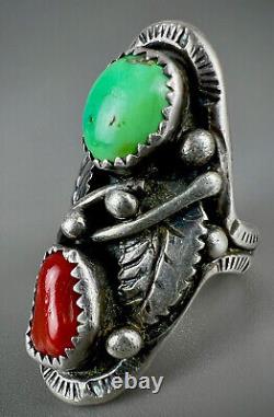 Large Vintage Navajo Sterling Silver Green Turquoise & Coral Saddle Ring