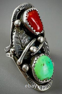 Large Vintage Navajo Sterling Silver Green Turquoise & Coral Saddle Ring