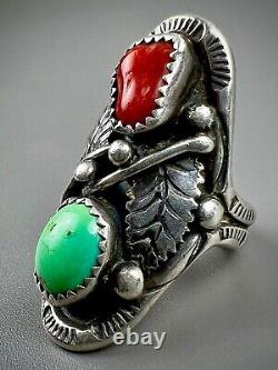 Large Vintage Navajo Sterling Silver Green Turquoise & Coral Saddle Ring