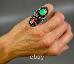 Large Vintage Navajo Sterling Silver Green Turquoise & Coral Saddle Ring