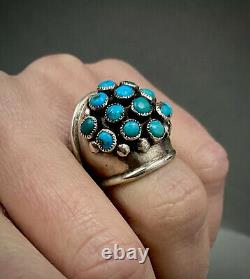 Large Vintage Navajo Sterling Silver Turquoise Cluster Dome Ring STUNNING