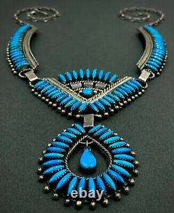 Large Vintage Navajo Sterling Silver Vivid Blue Turquoise Panel Bib Necklace WOW