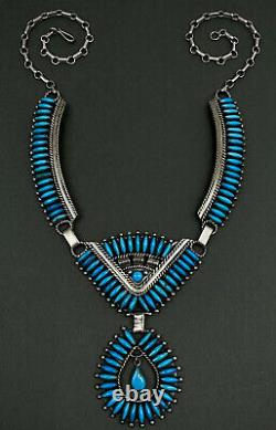 Large Vintage Navajo Sterling Silver Vivid Blue Turquoise Panel Bib Necklace WOW