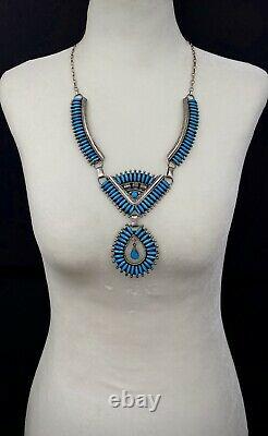 Large Vintage Navajo Sterling Silver Vivid Blue Turquoise Panel Bib Necklace WOW