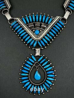 Large Vintage Navajo Sterling Silver Vivid Blue Turquoise Panel Bib Necklace WOW