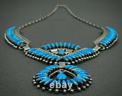 Large Vintage Navajo Sterling Silver Vivid Blue Turquoise Panel Bib Necklace WOW