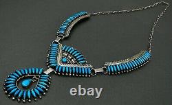 Large Vintage Navajo Sterling Silver Vivid Blue Turquoise Panel Bib Necklace WOW