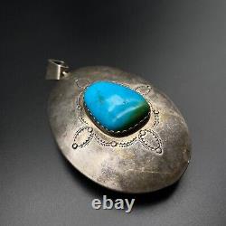 Large Vintage Navajo Two Sided Turquoise Stamped Silver Pendant