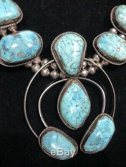 Large Vtg Native American Turquoise Silver Squash Blossom Necklace