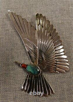 Lge Vtg Navajo Sterling & Turquoise Hummingbird Pendant, Signed, 3 1/2 Long, Sgnd