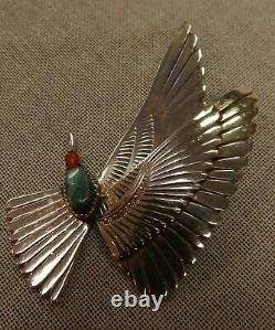 Lge Vtg Navajo Sterling & Turquoise Hummingbird Pendant, Signed, 3 1/2 Long, Sgnd