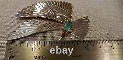 Lge Vtg Navajo Sterling & Turquoise Hummingbird Pendant, Signed, 3 1/2 Long, Sgnd