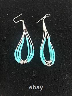 Liquid Silver Heishi Dangle Blue Turquoise Sterling Earrings 2