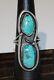 Long Vintage Navajo Indian Sterling Double Turquoise Ring, Size 7