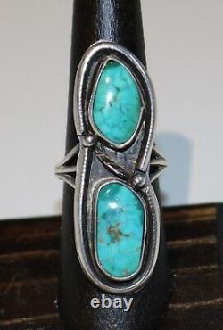 Long Vintage Navajo Indian Sterling Double Turquoise Ring, Size 7
