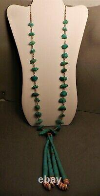 Long Vintage Navajo Turquoise Nuggets & Olive Shell Heishi Jacla Necklace