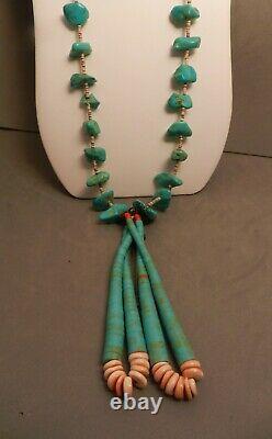 Long Vintage Navajo Turquoise Nuggets & Olive Shell Heishi Jacla Necklace