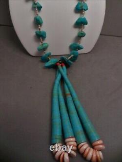 Long Vintage Navajo Turquoise Nuggets & Olive Shell Heishi Jacla Necklace